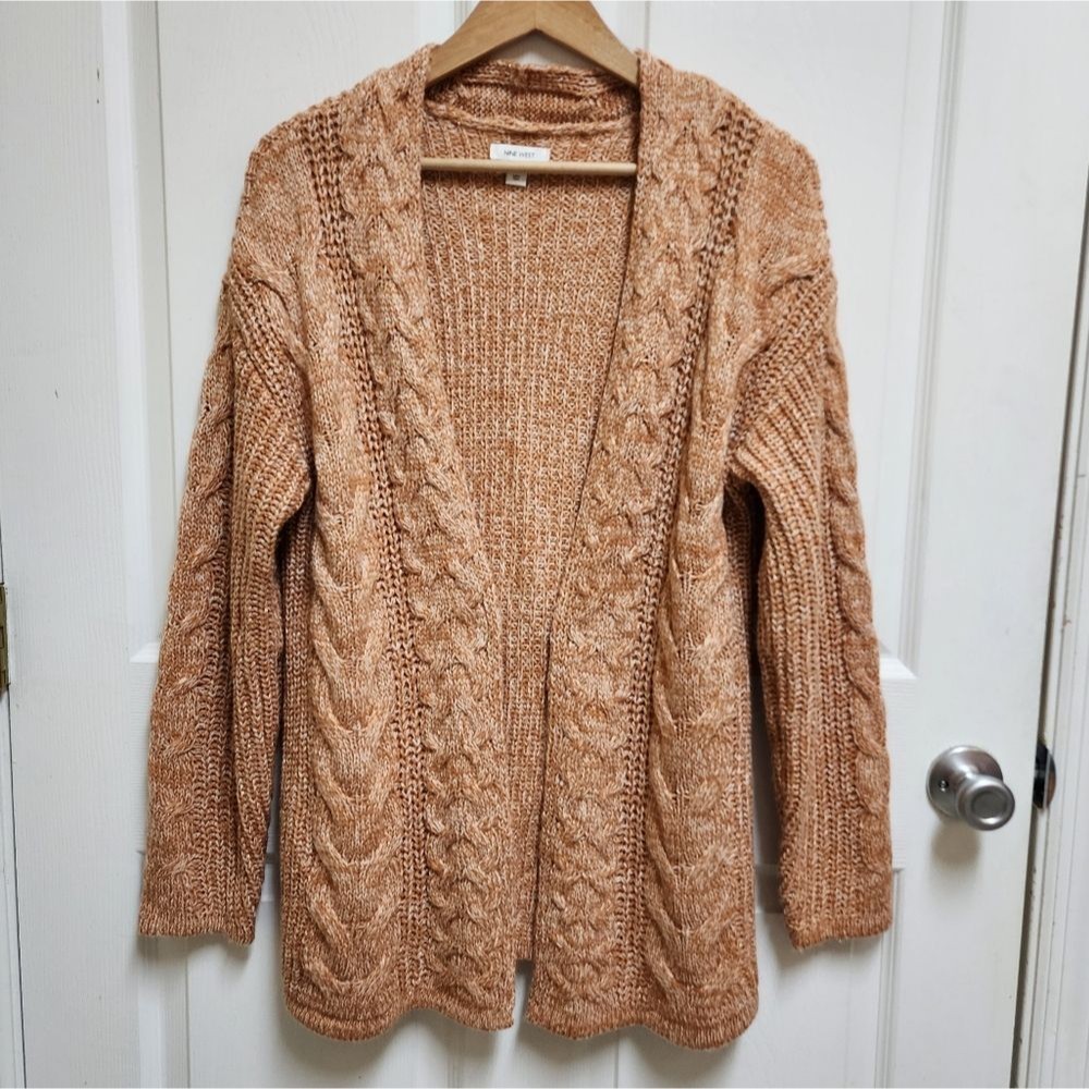 Nine West Sweater Womens M Brown Cream Metallic Chunky Knit Open Cardigan
